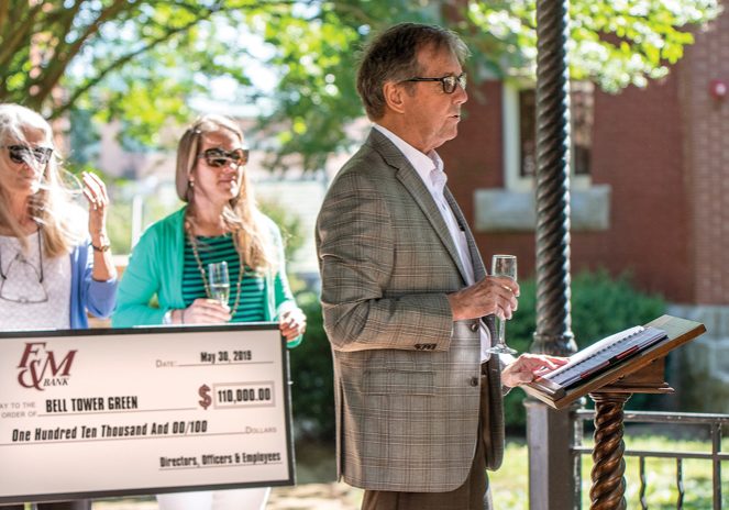F&M makes large donation to the Bell Tower green park BERNADINE HERNANDEZ/SALISBURY POST Dyke Messinger thanks F&M bank for their donation of $110, 000 to the Bell Tower green park Salisbury, N.C. 6/11/19