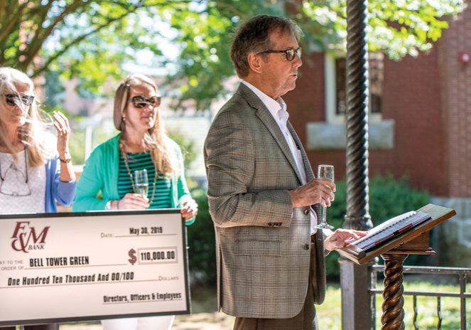 BERNADINE HERNANDEZ/SALISBURY POST Dyke Messinger thanks F&amp;M  bank for their donation of $110, 000 to the Bell Tower green park Salisbury, N.C. 6/11/19